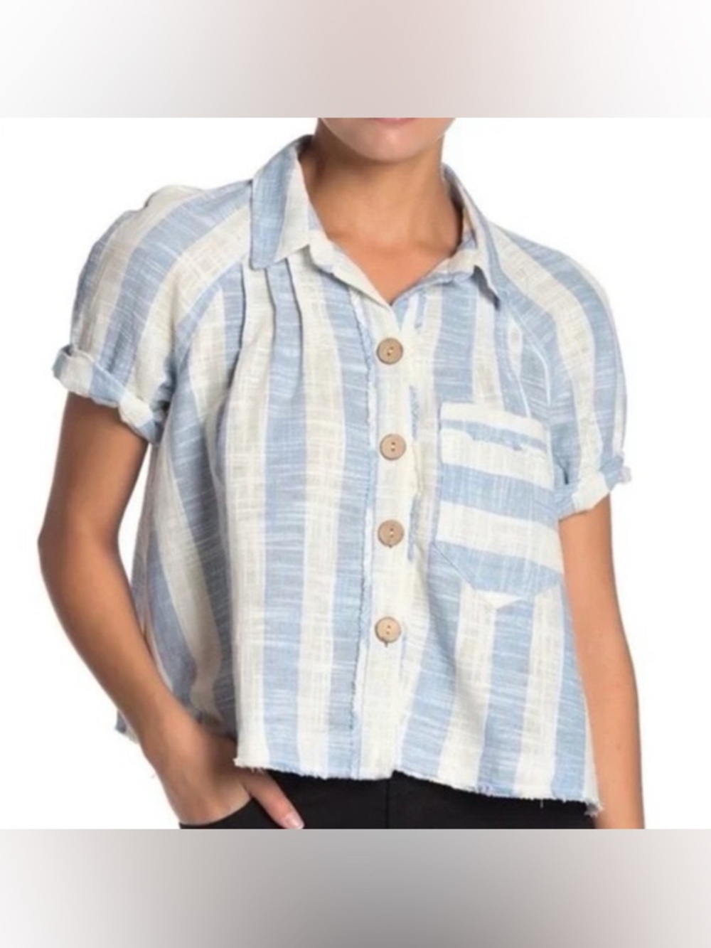 Free People We The Free Away At Sea Linen Blend Stripe Top Short Sleeve Shirt XS